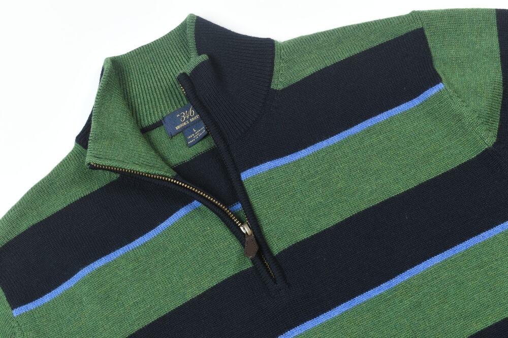 Brooks Brothers 346 1/4 Zip Pullover Sweater Mens Large Blue Green Stripe Merino